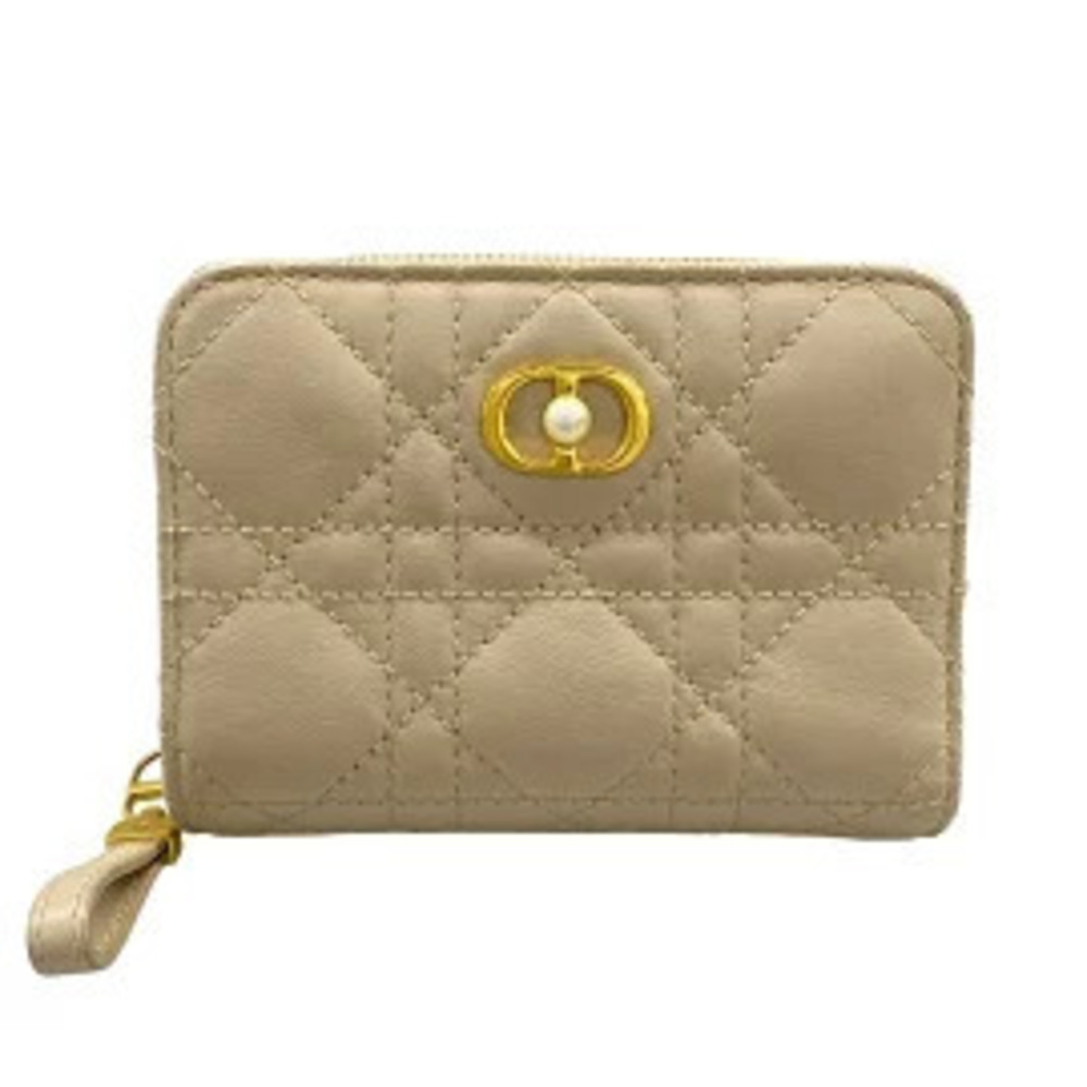 Christian Dior Caro Bi fold Wallet Round Zipper Pearl Beige Cream Leather